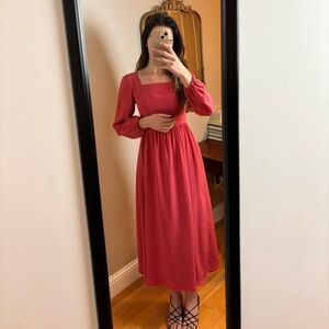 Handmade 100% Silk midi dress a-line long bishop sleeve square neck